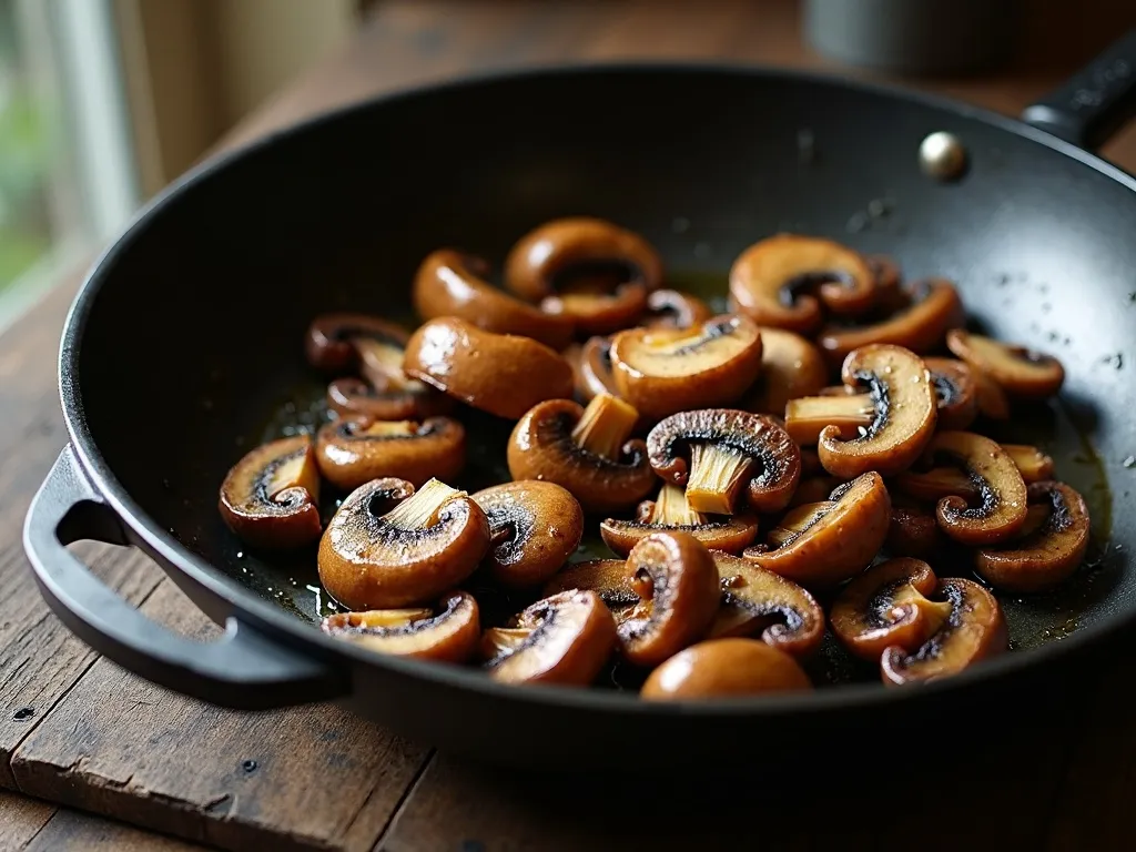 Sliced mushrooms browning in a single uncrowded layer in a wide skillet