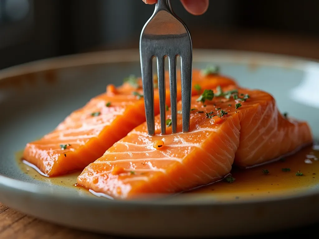 A fork pressing into a cooked salmon fillet, the flesh separating into moist flakes