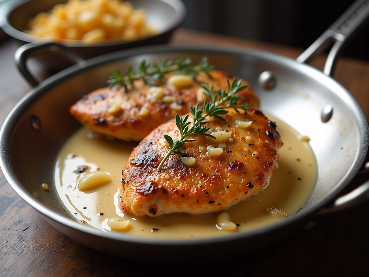 Seared golden chicken cutlets coated in a glossy white wine pan sauce with thyme, in a skillet