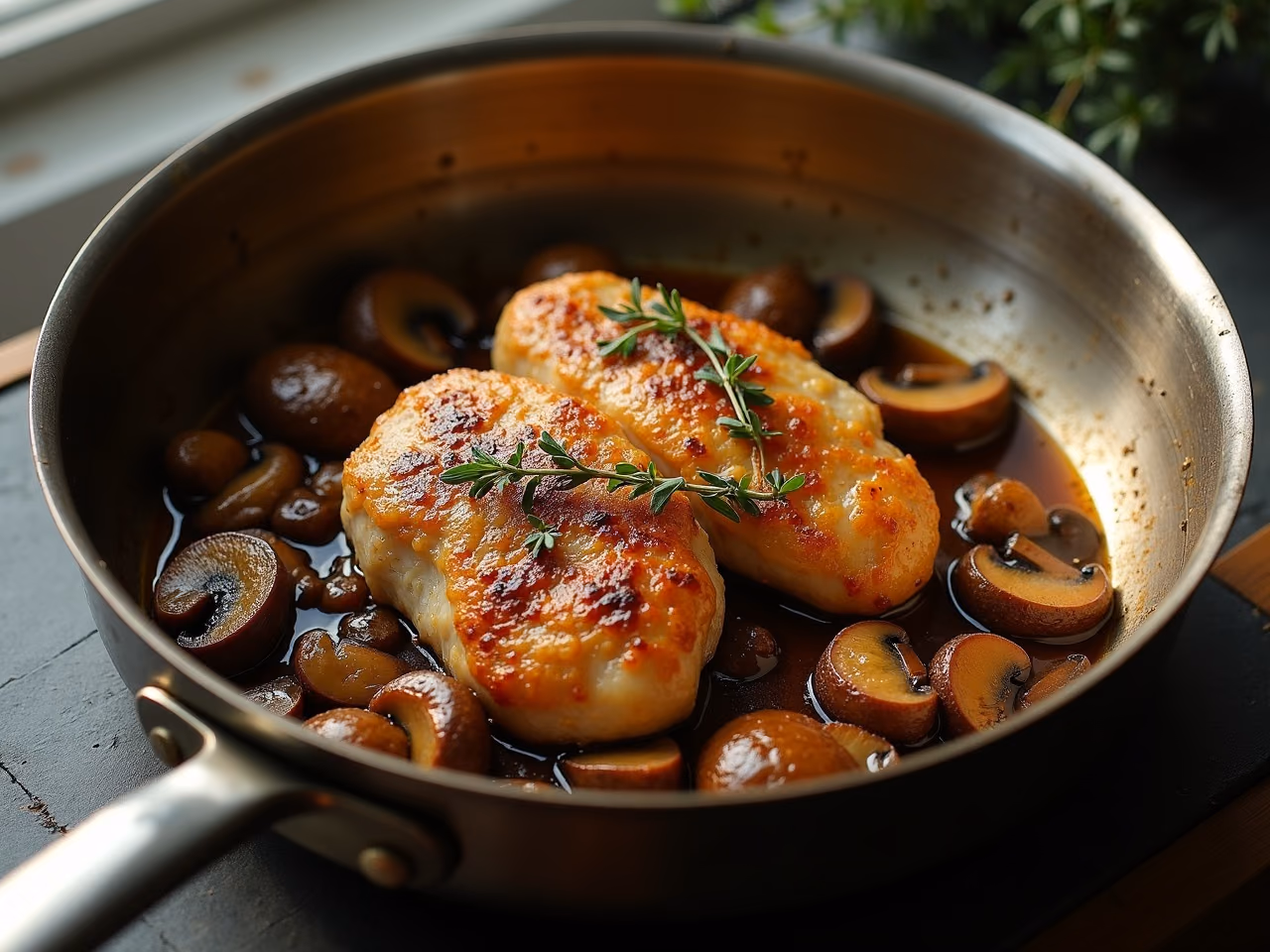 Golden chicken cutlets among deeply browned mushrooms in a glossy pan sauce, in a large skillet