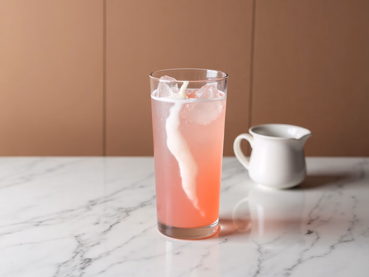 A tall glass of pastel pink sparkling drink over ice with cream swirling down through it