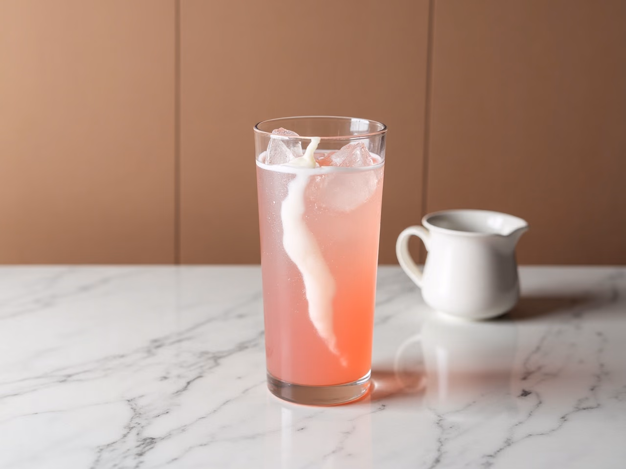 A tall glass of pastel pink sparkling drink over ice with cream swirling down through it