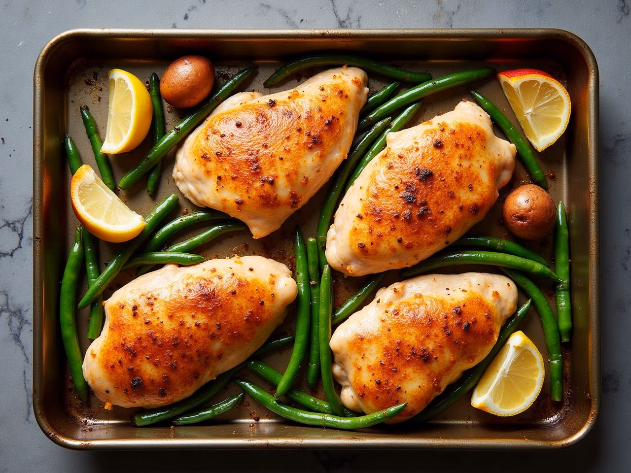 A sheet pan of golden chicken breasts with blistered green beans and roasted baby potatoes