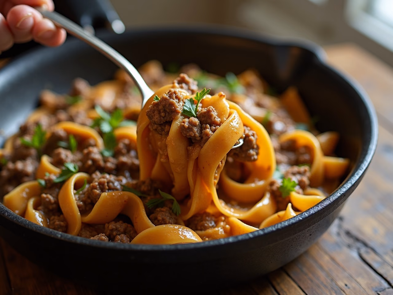 Wide egg noodles and browned ground beef in a glossy pan sauce, a serving lifted on a spoon