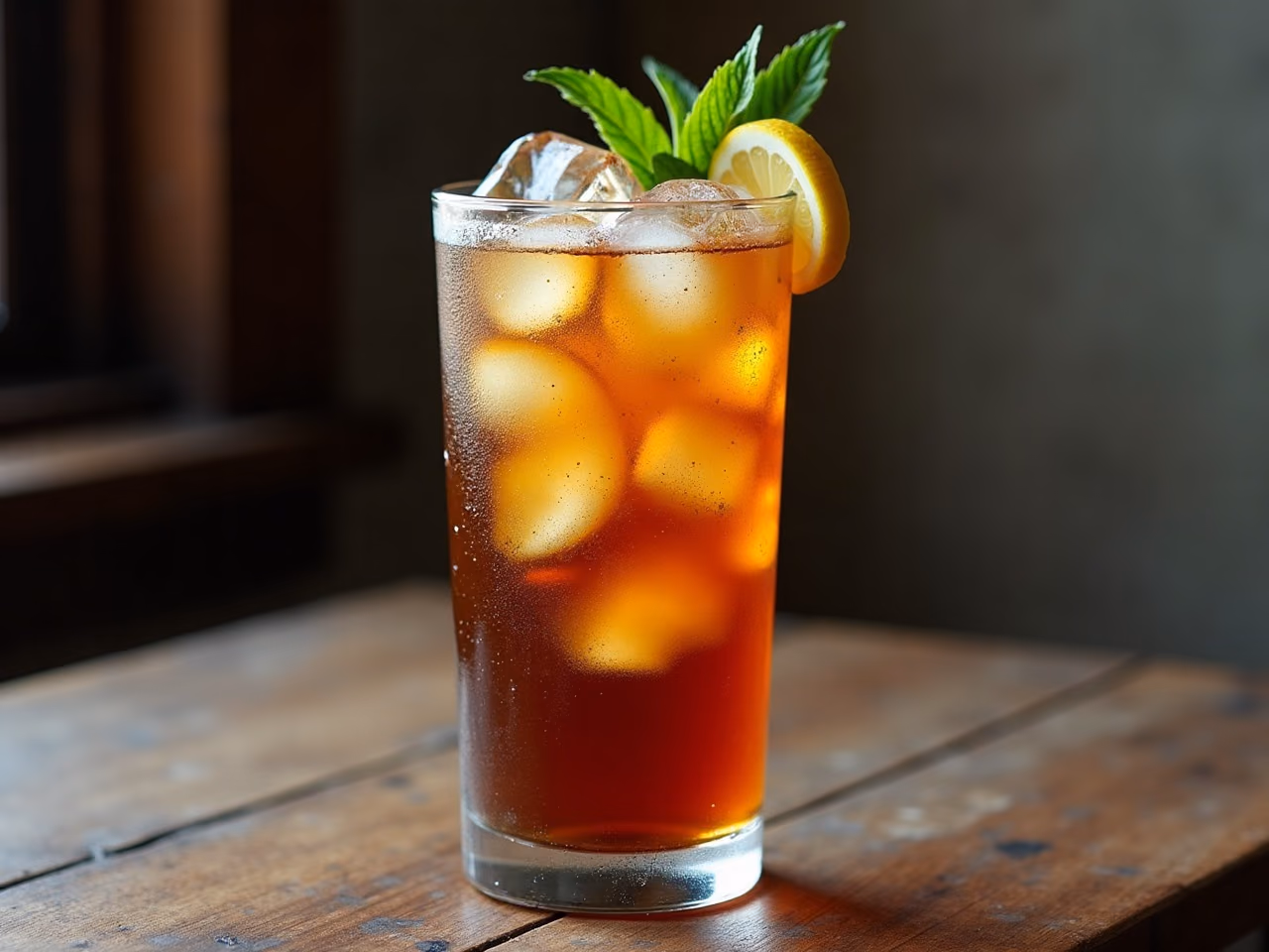 A tall glass of clear amber iced tea with ice cubes and a lemon wheel, with a glass pitcher behind