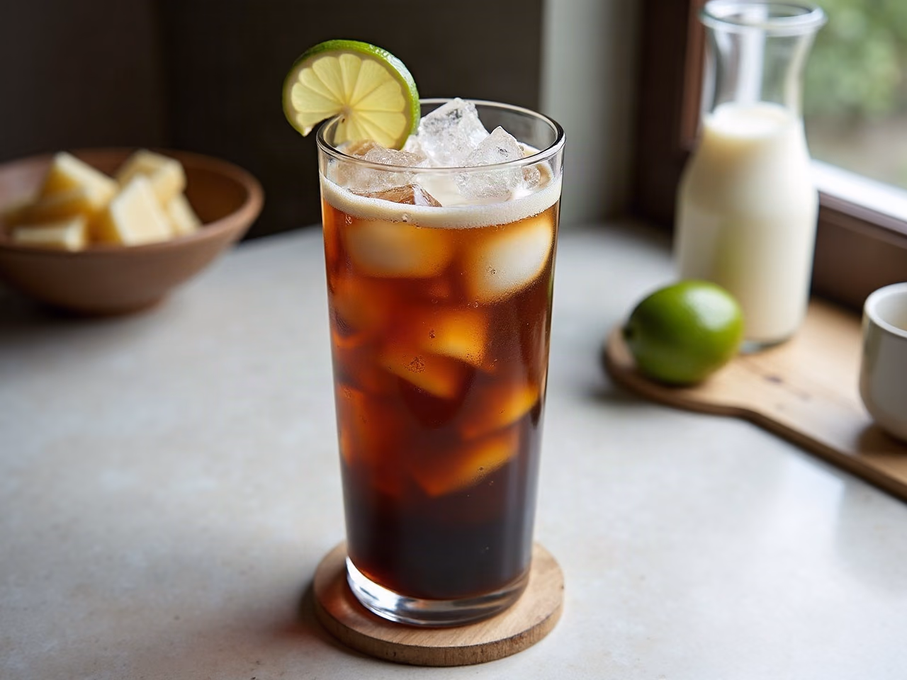 A tall glass of cola over pebble ice with cream swirling through the top and a lime wedge on the rim