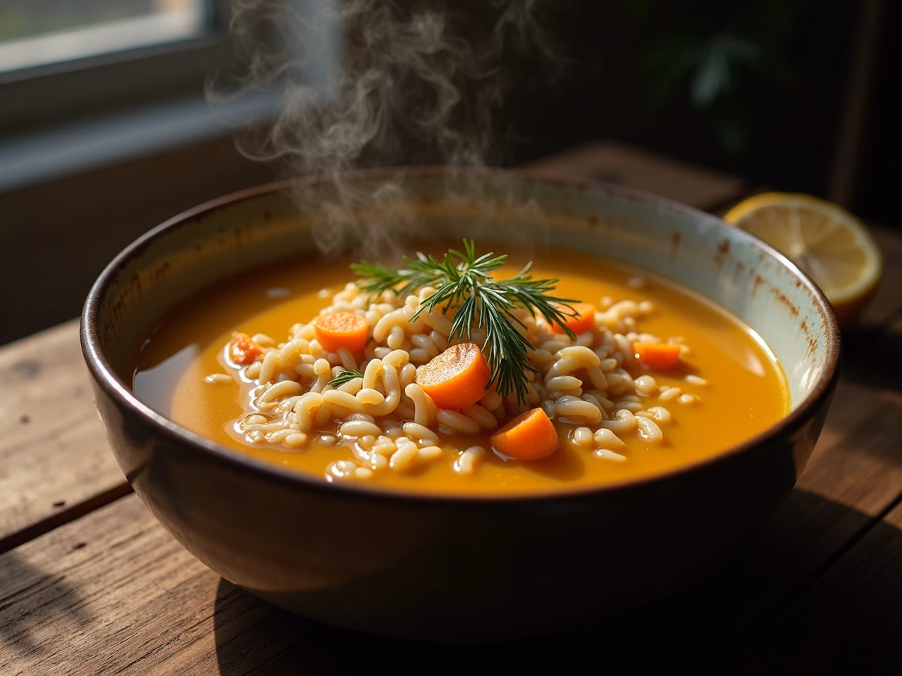 A bowl of golden lemon chicken orzo soup with shredded chicken, carrots and dill, lemon alongside