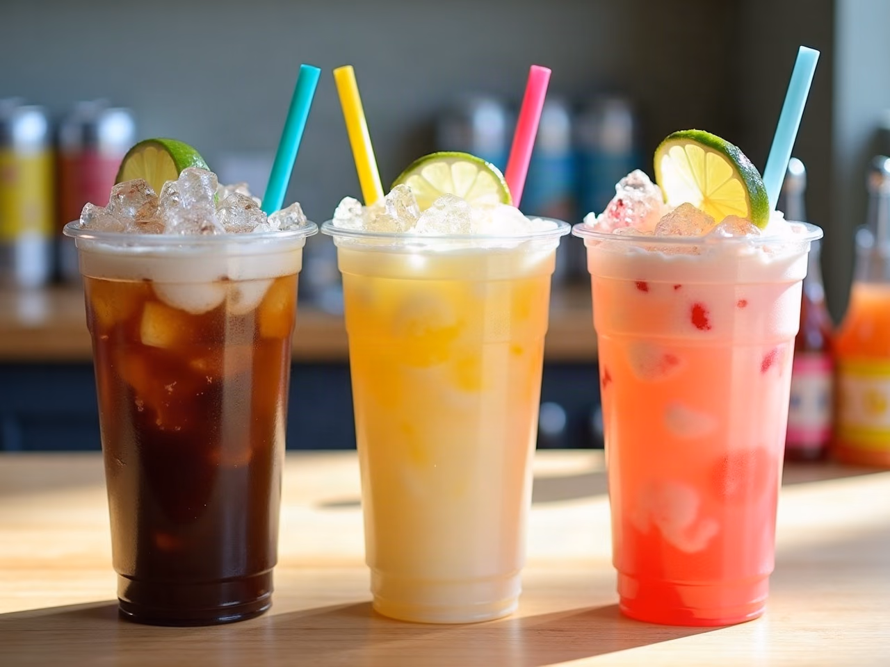 Three tall glasses of dirty soda over pebble ice — cola with cream swirling through it, lemon-lime and yellow-green — with lime wedges on the rims