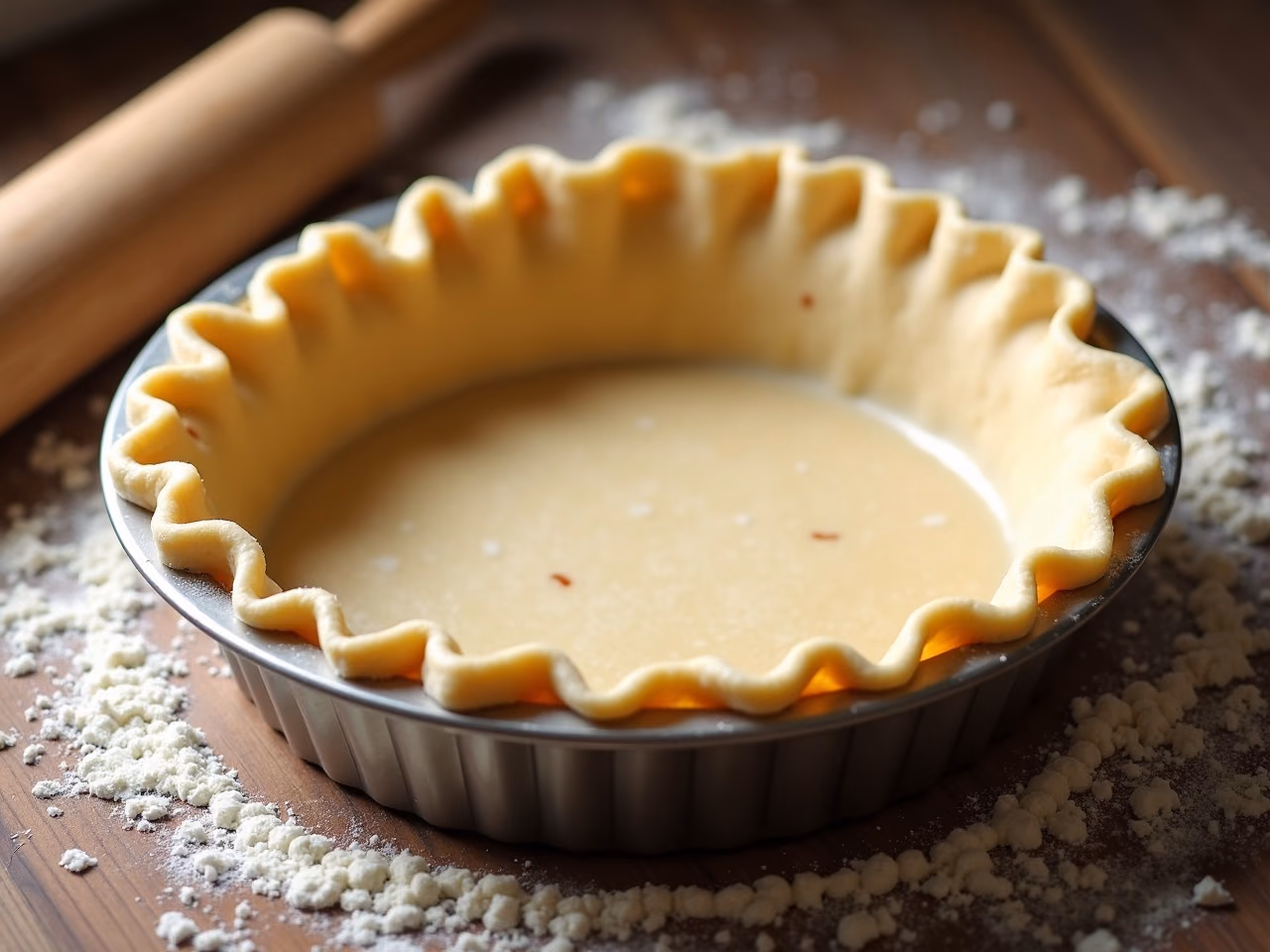 A crimped unbaked pie crust in a metal tin on a floured wooden surface, butter flecks visible in the dough