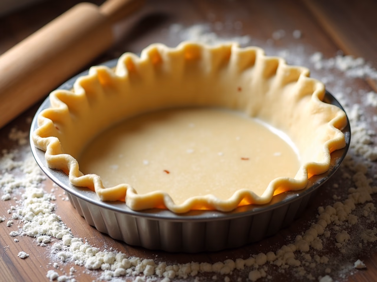 A crimped unbaked pie crust in a metal tin on a floured wooden surface, butter flecks visible in the dough