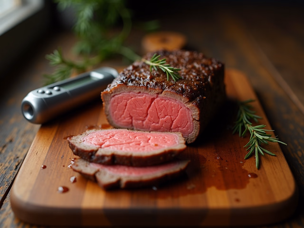 A rested filet mignon sliced to show an evenly pink medium-rare centre, with a digital thermometer alongside