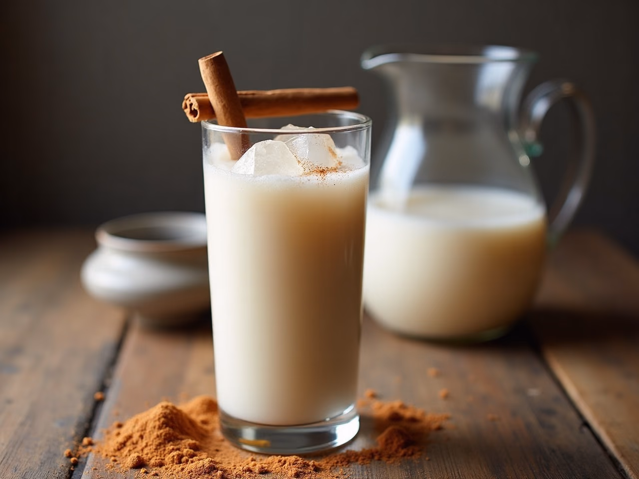 A tall glass of iced horchata with a cinnamon stick, with a pitcher of horchata behind it