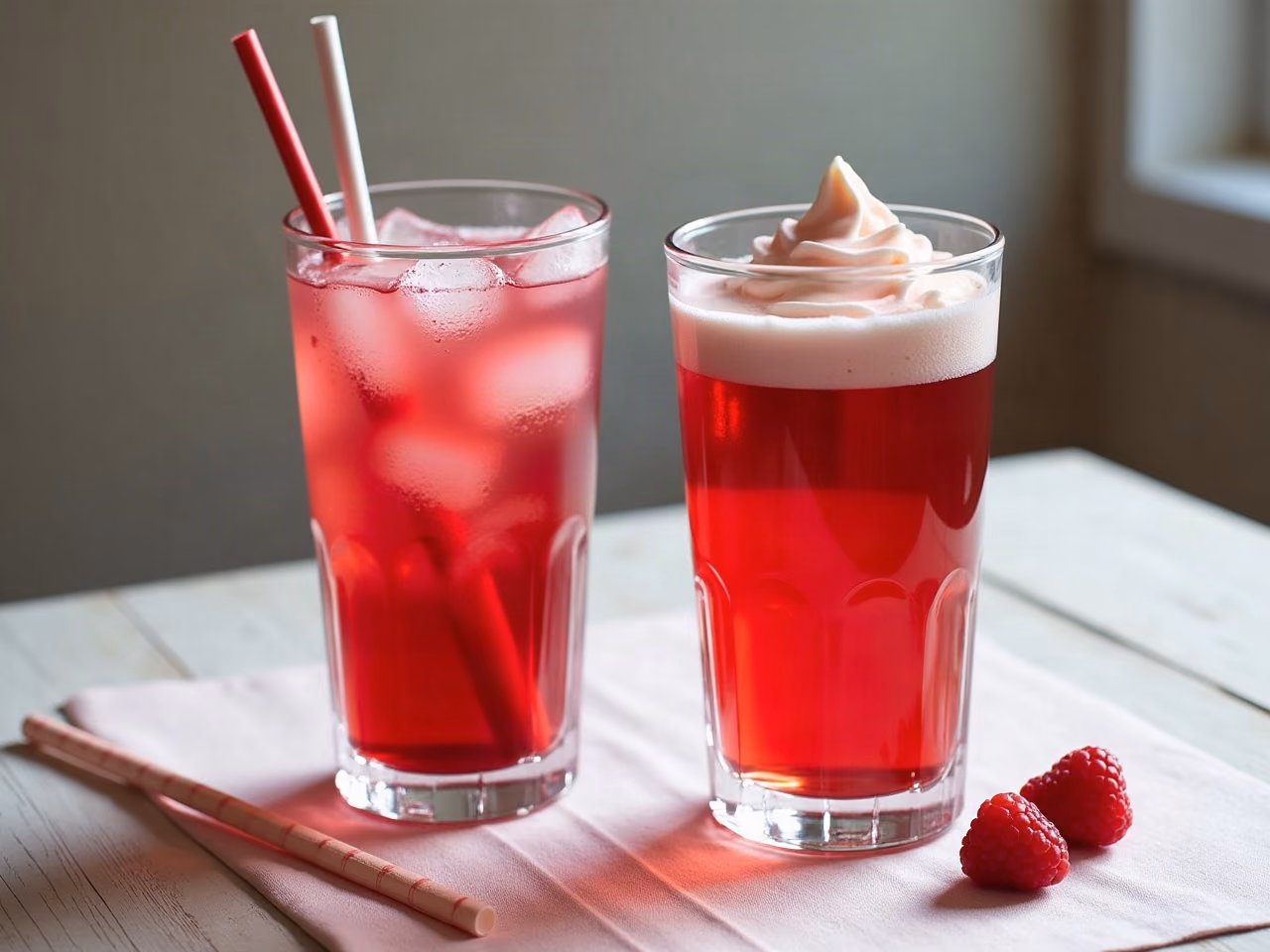 Two tall glasses of raspberry Italian soda over ice, one topped with a band of cream and whipped cream