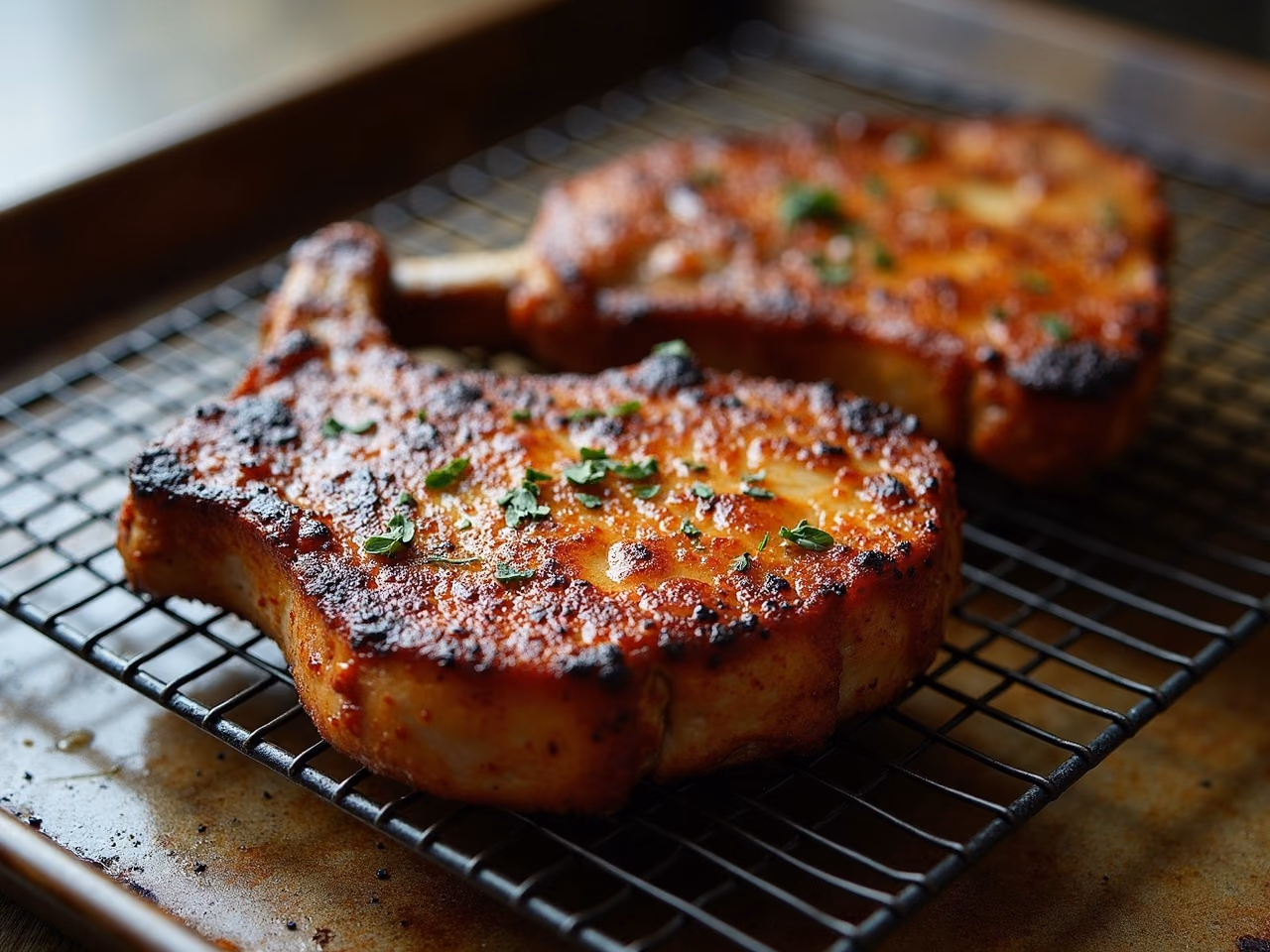 Two thick bone-in pork chops resting on a wire rack over a sheet pan, deeply browned