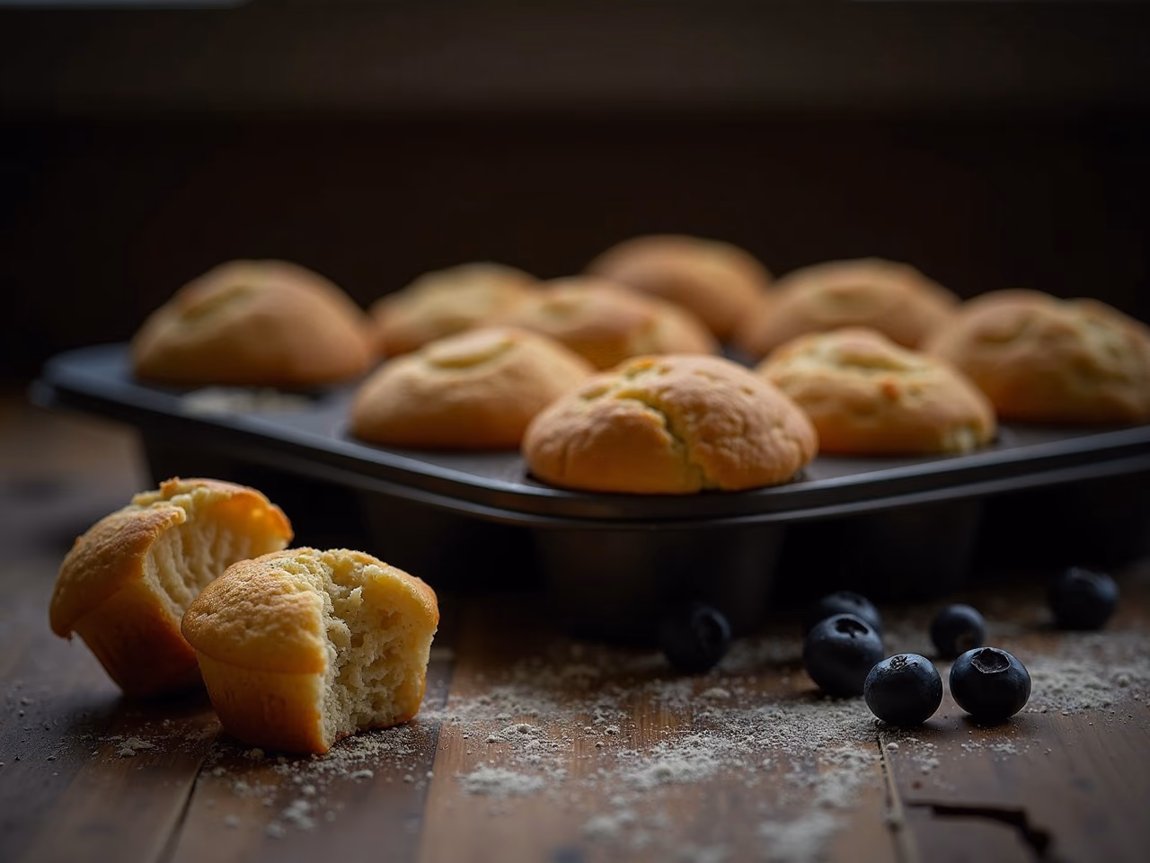 Golden domed muffins in a dark tin with one broken open showing a tender crumb