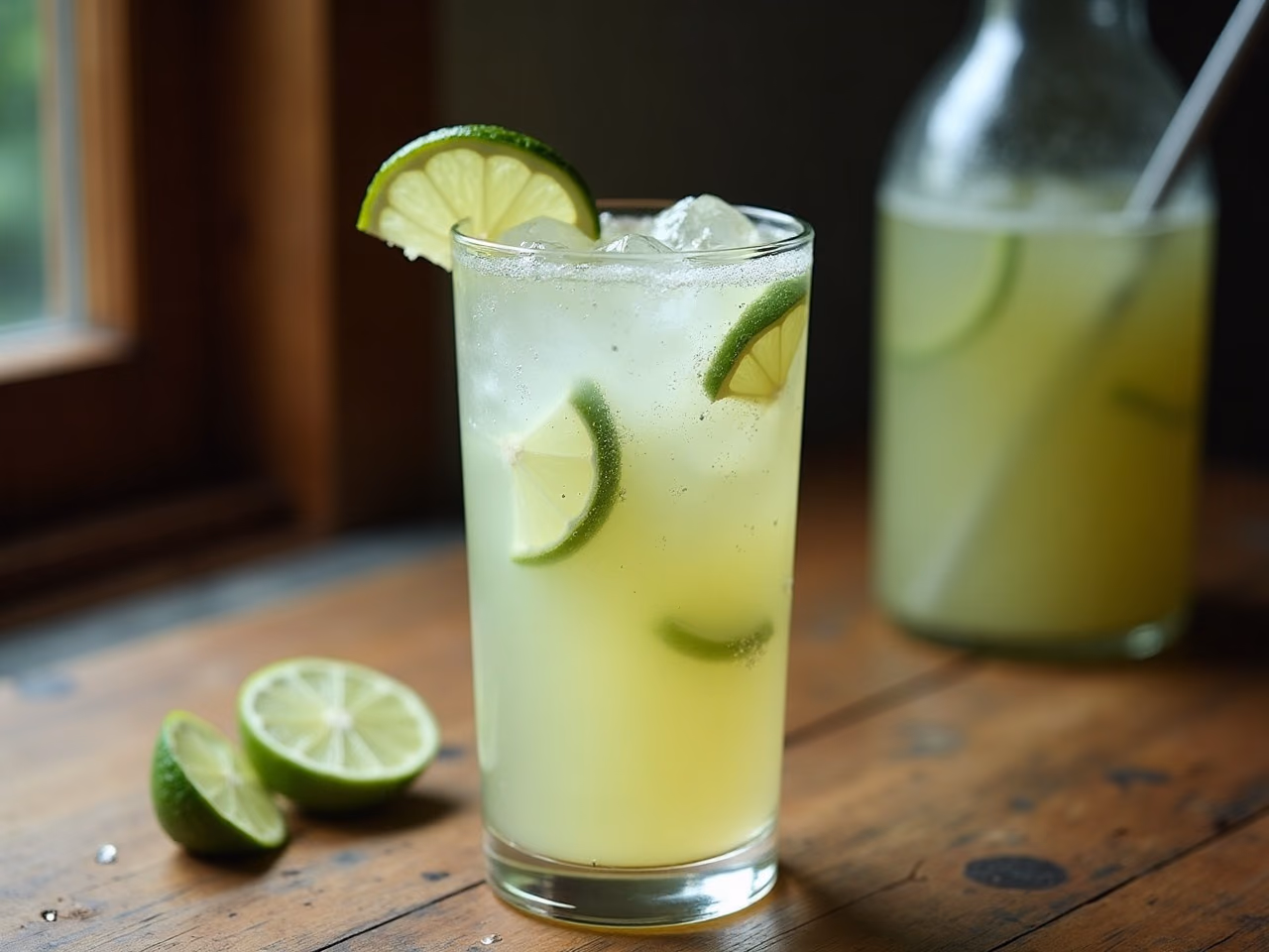 A tall glass of creamy pale-green Brazilian lemonade over ice with thin lime wheels