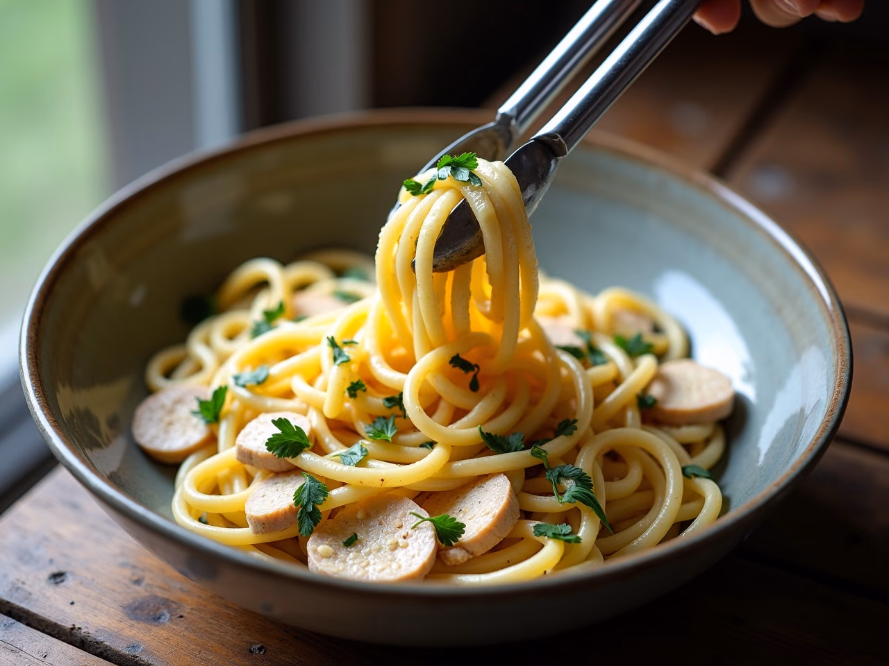 A bowl of linguine coated in glossy lemon garlic sauce with sliced chicken and parsley, lifted with tongs