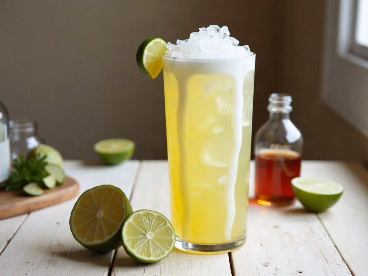 A tall glass of yellow-green dirty Mountain Dew over pebble ice with coconut cream swirling through it and a lime wedge on the rim
