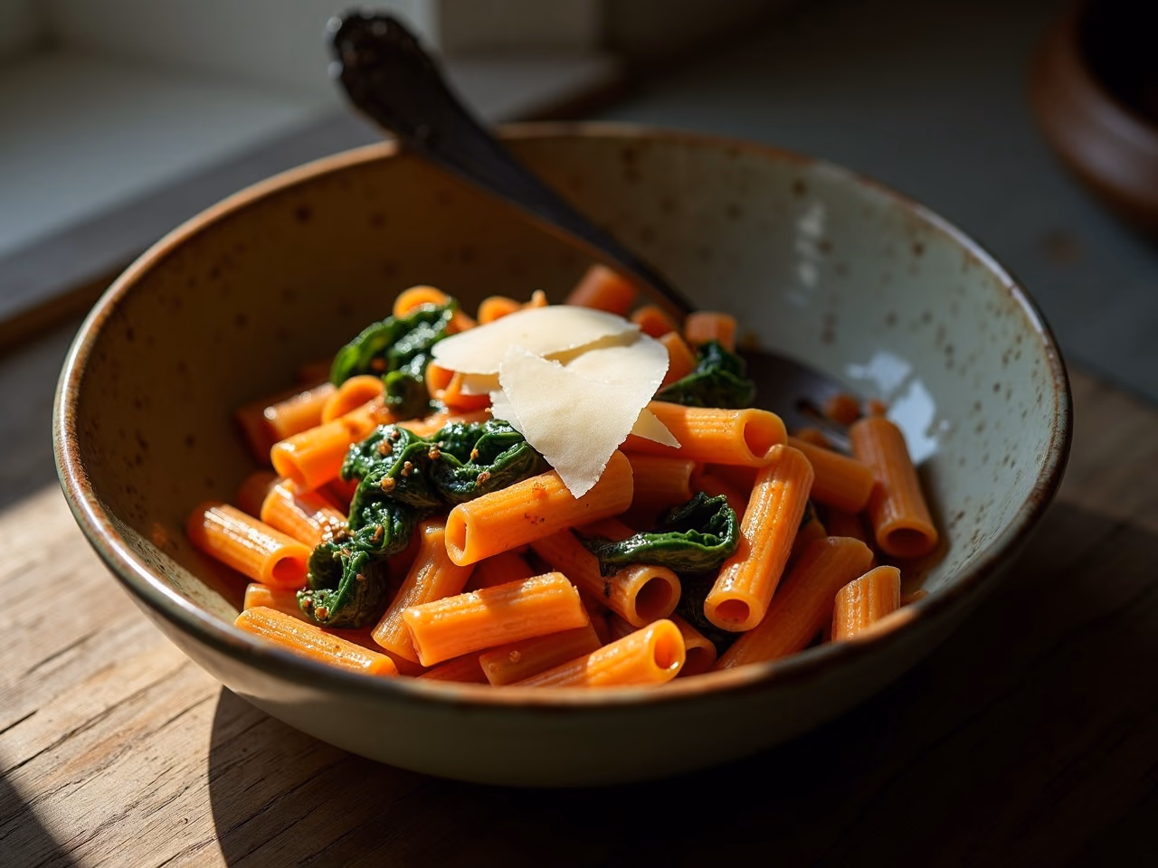 A bowl of short pasta in tomato sauce with wilted spinach folded through and shaved Parmesan