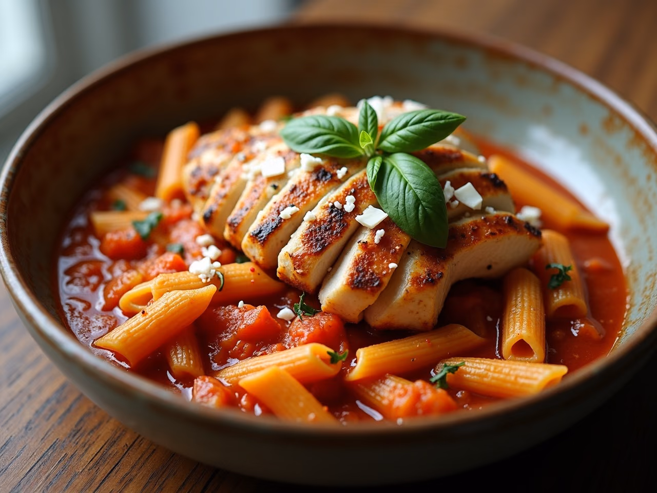 Sliced seared chicken over penne in a rich tomato sauce with basil and Parmesan shavings