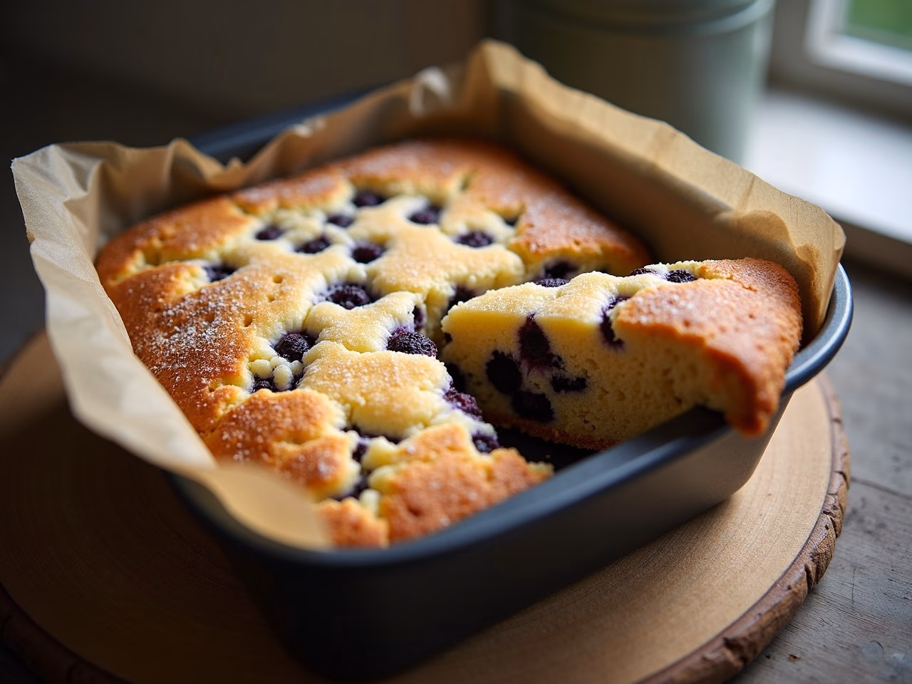 A golden blueberry cake in a parchment-lined pan with one cut slice showing berries through the crumb