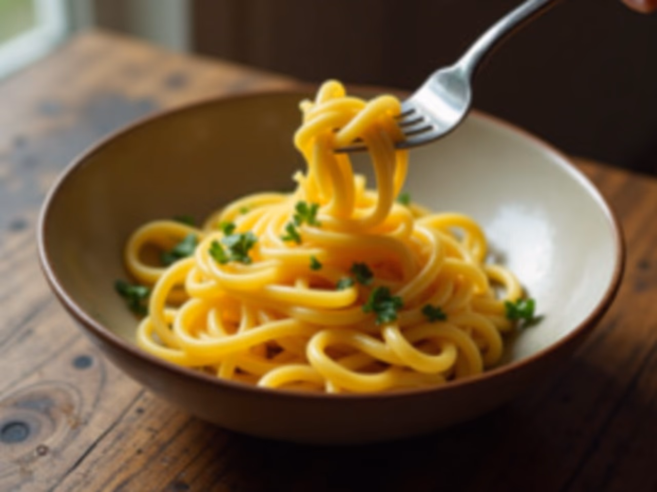 Wide egg noodles coated in a glossy butter sauce with parsley, in a shallow ceramic bowl