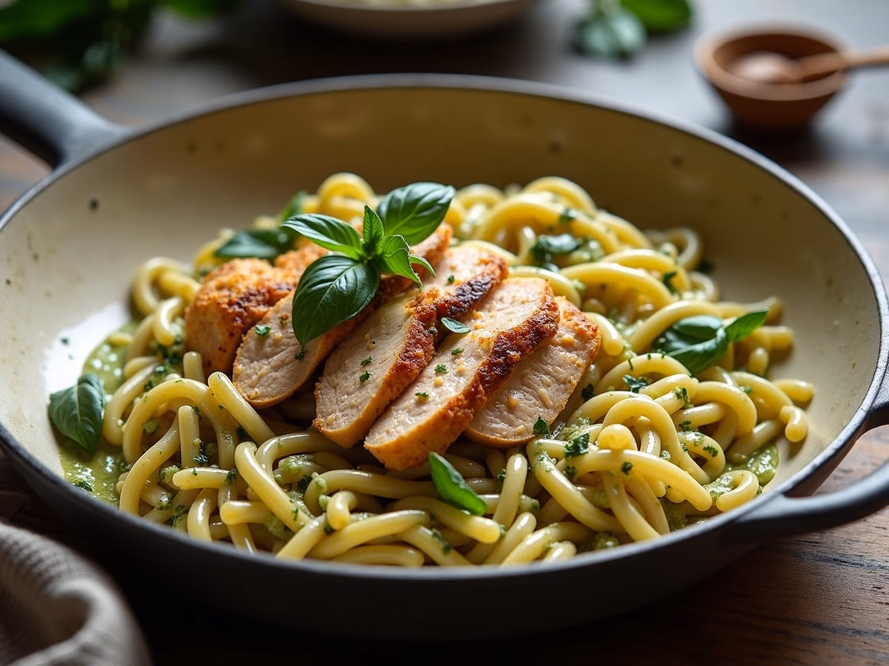 Fusilli in a bright green creamy pesto sauce topped with sliced seared chicken and basil leaves
