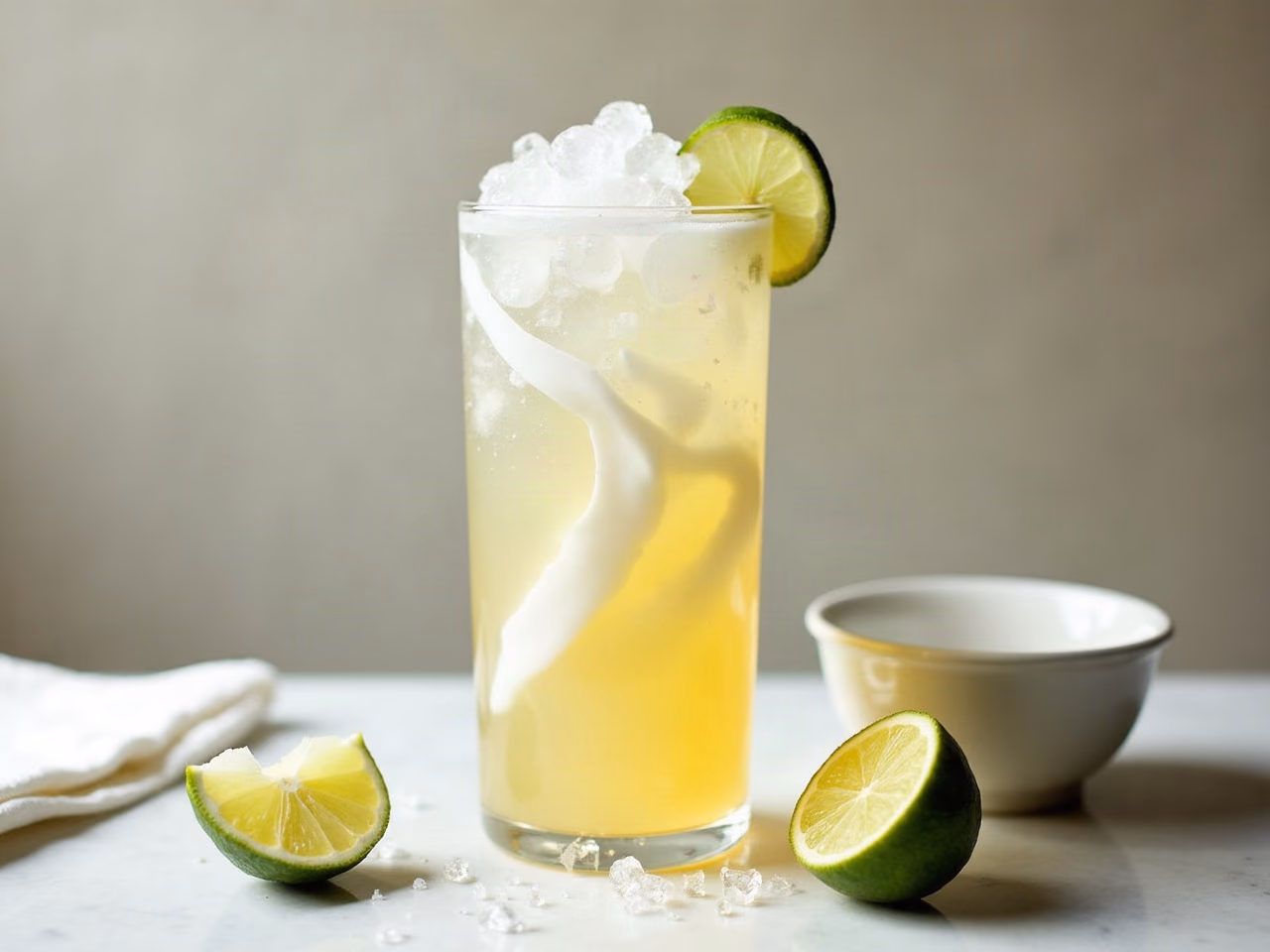 A tall glass of dirty Sprite over pebble ice with coconut cream swirling through the clear soda and a lime wheel on the rim