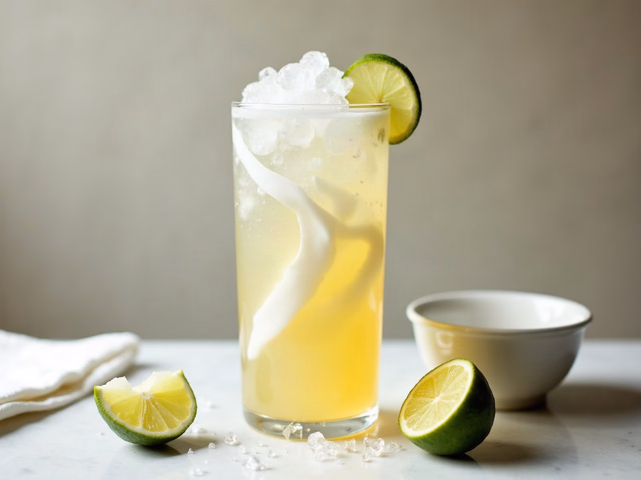A tall glass of dirty Sprite over pebble ice with coconut cream swirling through the clear soda and a lime wheel on the rim