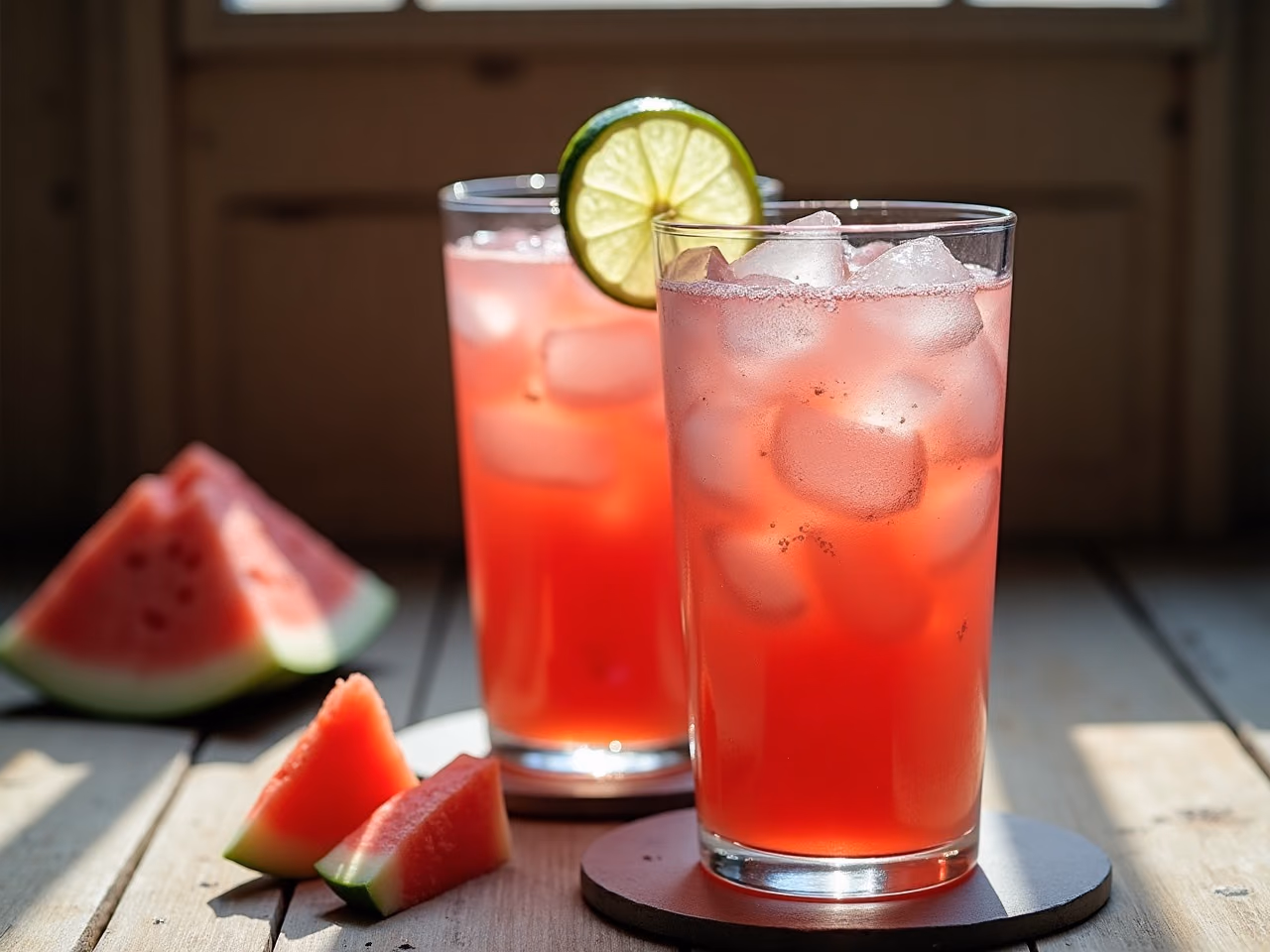 A tall glass of pink-red watermelon agua fresca over ice with a lime wheel and watermelon wedges beside it