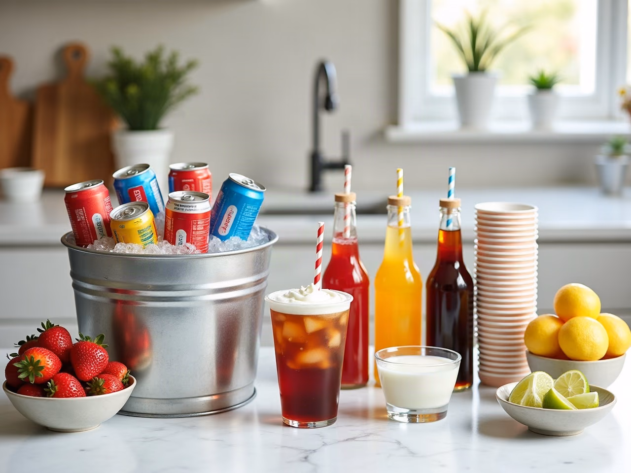 A dirty soda bar on a wood table with a tub of pebble ice, syrup bottles, cream pitchers, lime wedges and cups
