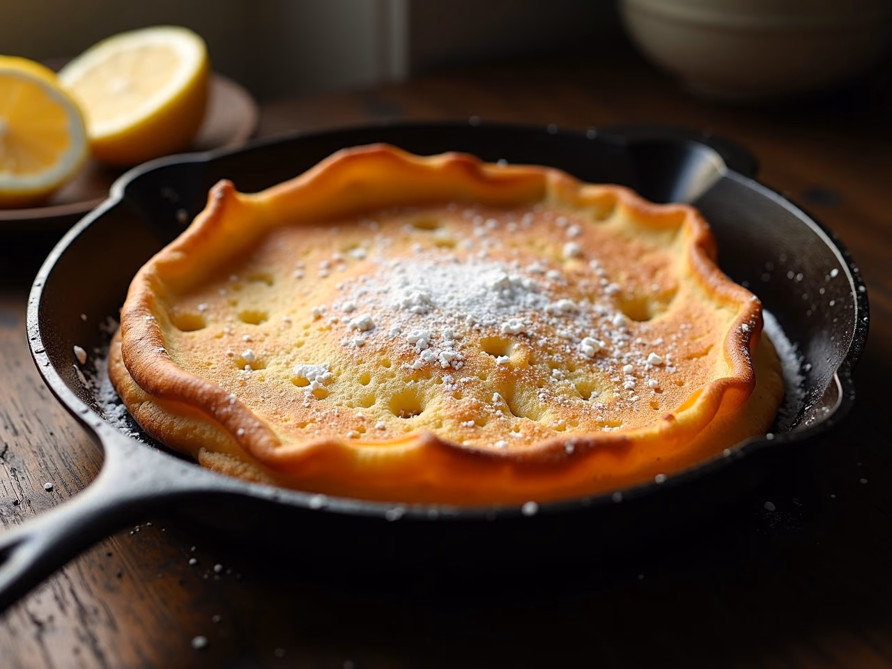 A puffed golden Dutch baby pancake with tall crisp edges in a cast-iron skillet, dusted with powdered sugar