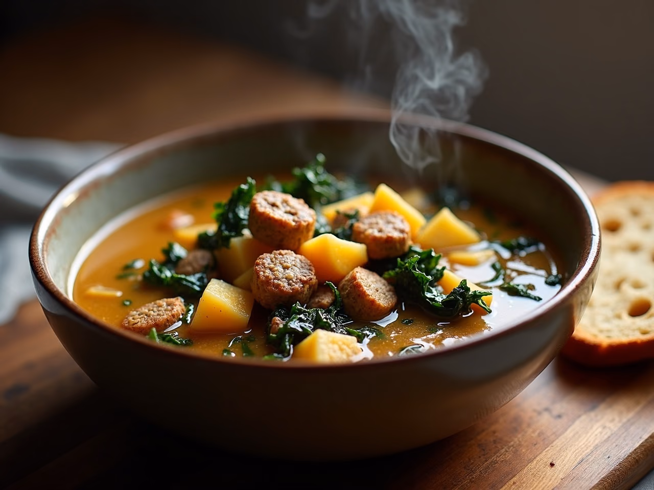A bowl of sausage, potato and kale soup in a light creamy broth with crusty bread alongside