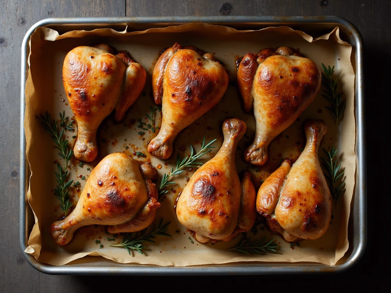 Eight golden-brown roasted chicken drumsticks with crisp skin on a parchment-lined sheet pan