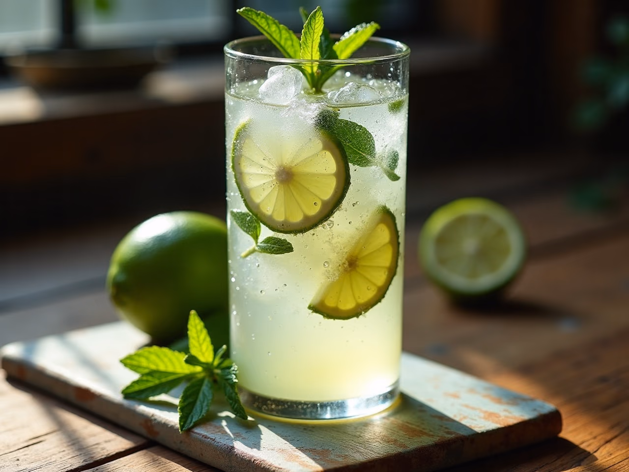 A tall glass virgin mojito packed with crushed ice, mint sprigs and lime wheels, condensation on the glass