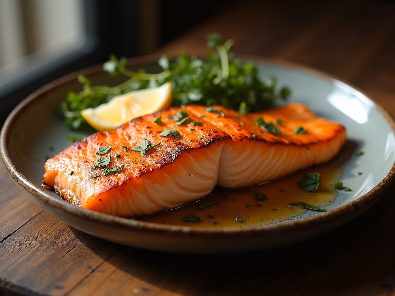 A pan-seared salmon fillet resting skin-side up on a plate, showing deeply crisp golden skin