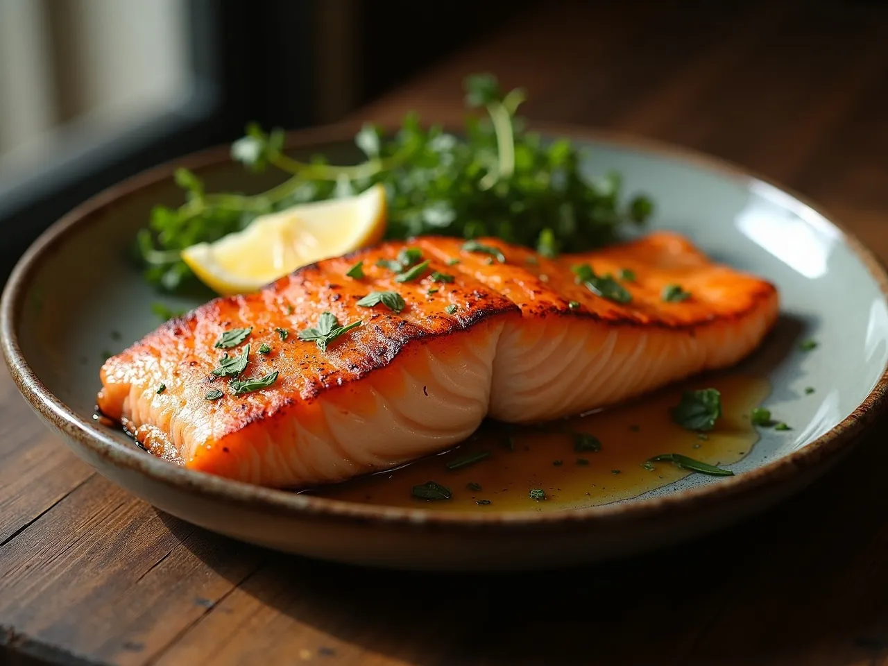 A pan-seared salmon fillet resting skin-side up, showing deeply crisp golden skin