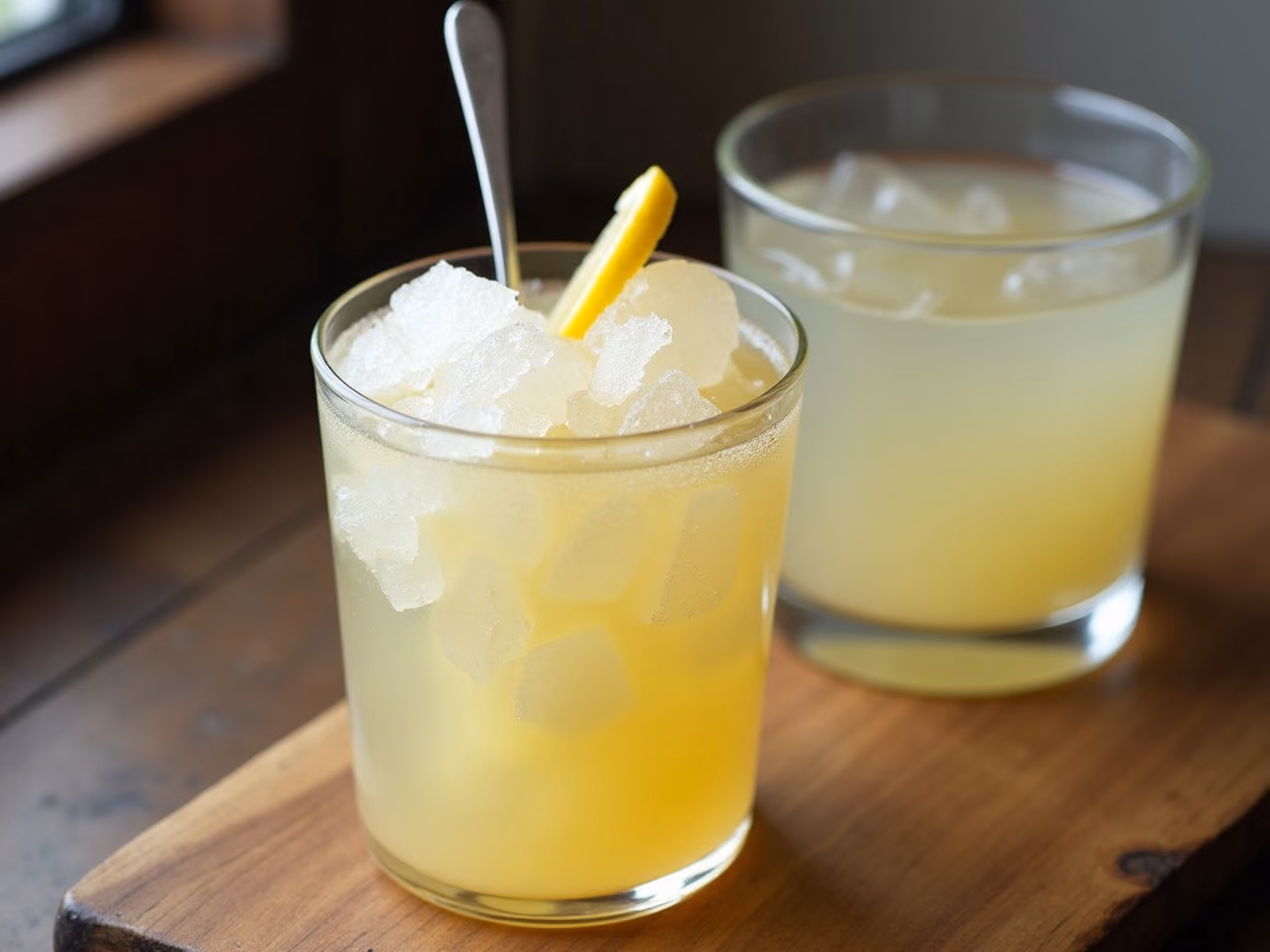 A glass of pale-yellow frozen lemonade slush with a spoon standing in it and a lemon wheel on the rim