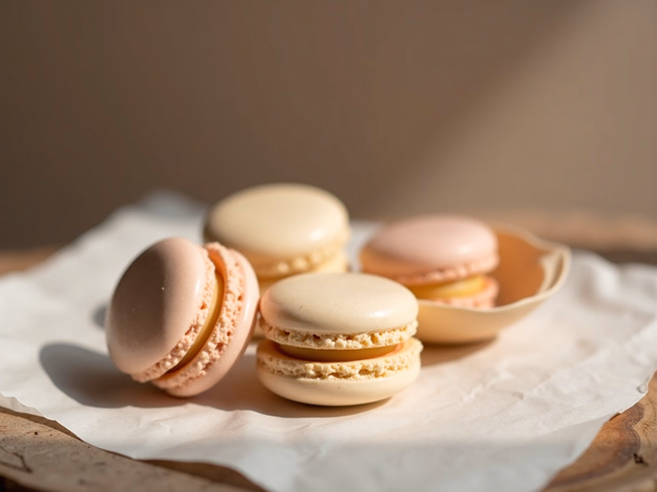 French macarons with smooth tops and ruffled feet arranged on parchment paper