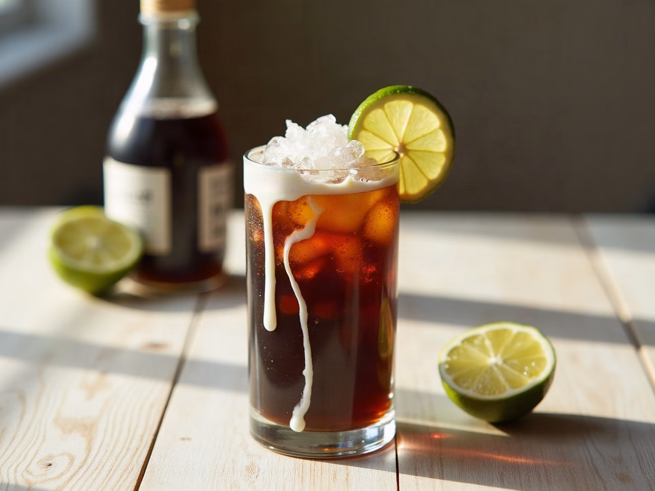 A tall glass of dirty Dr Pepper over pebble ice with cream swirling through the dark soda and a lime wedge on the rim