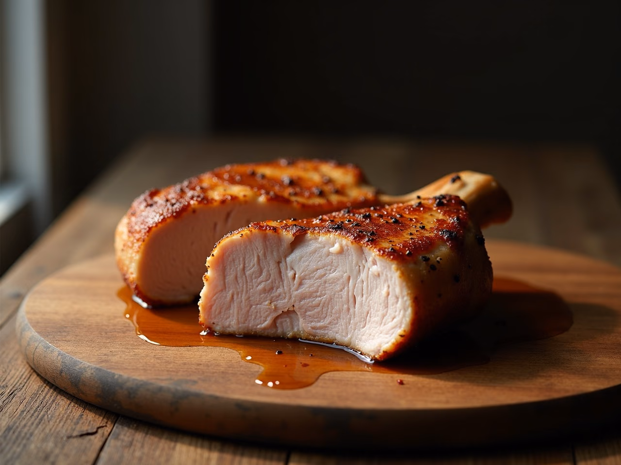A thick bone-in pork chop with a golden seared crust, sliced to show a juicy pale centre