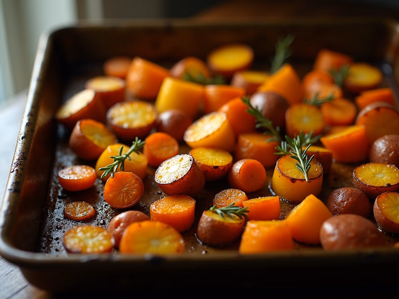 A sheet pan of browned roasted potato chunks and caramelised carrots scattered with thyme