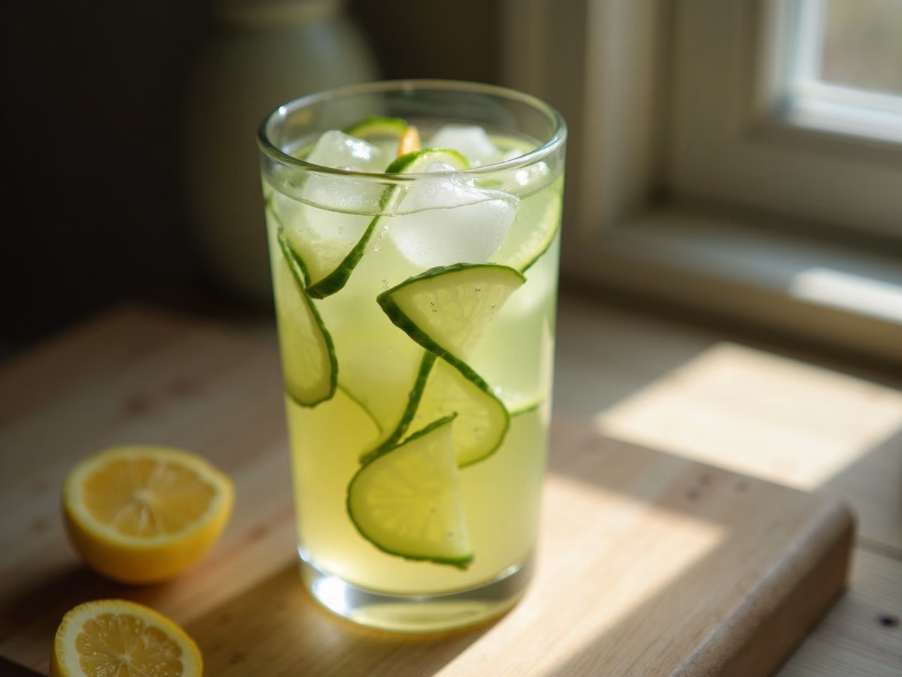 A tall glass of pale-green cucumber lemonade with cucumber ribbons and ice