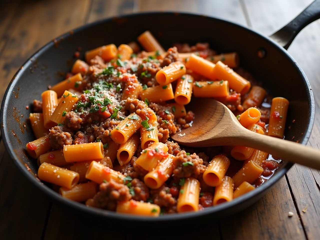 A skillet of rigatoni and browned ground beef in tomato sauce topped with Parmesan and parsley