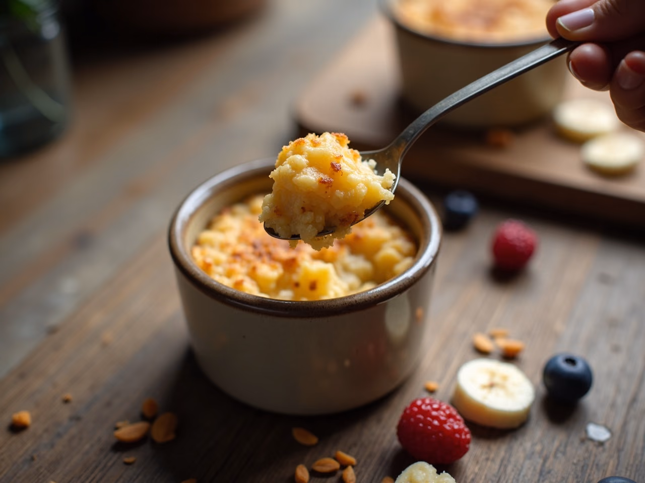 A ramekin of golden baked oats with a spoonful lifted out, banana slices and berries alongside