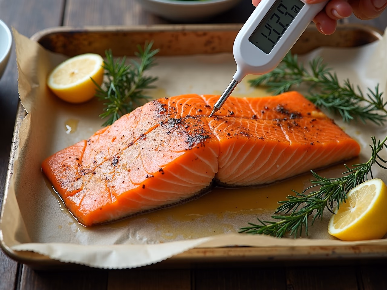 A baked salmon fillet on a parchment-lined sheet pan with an instant-read thermometer probe inserted into the thickest part