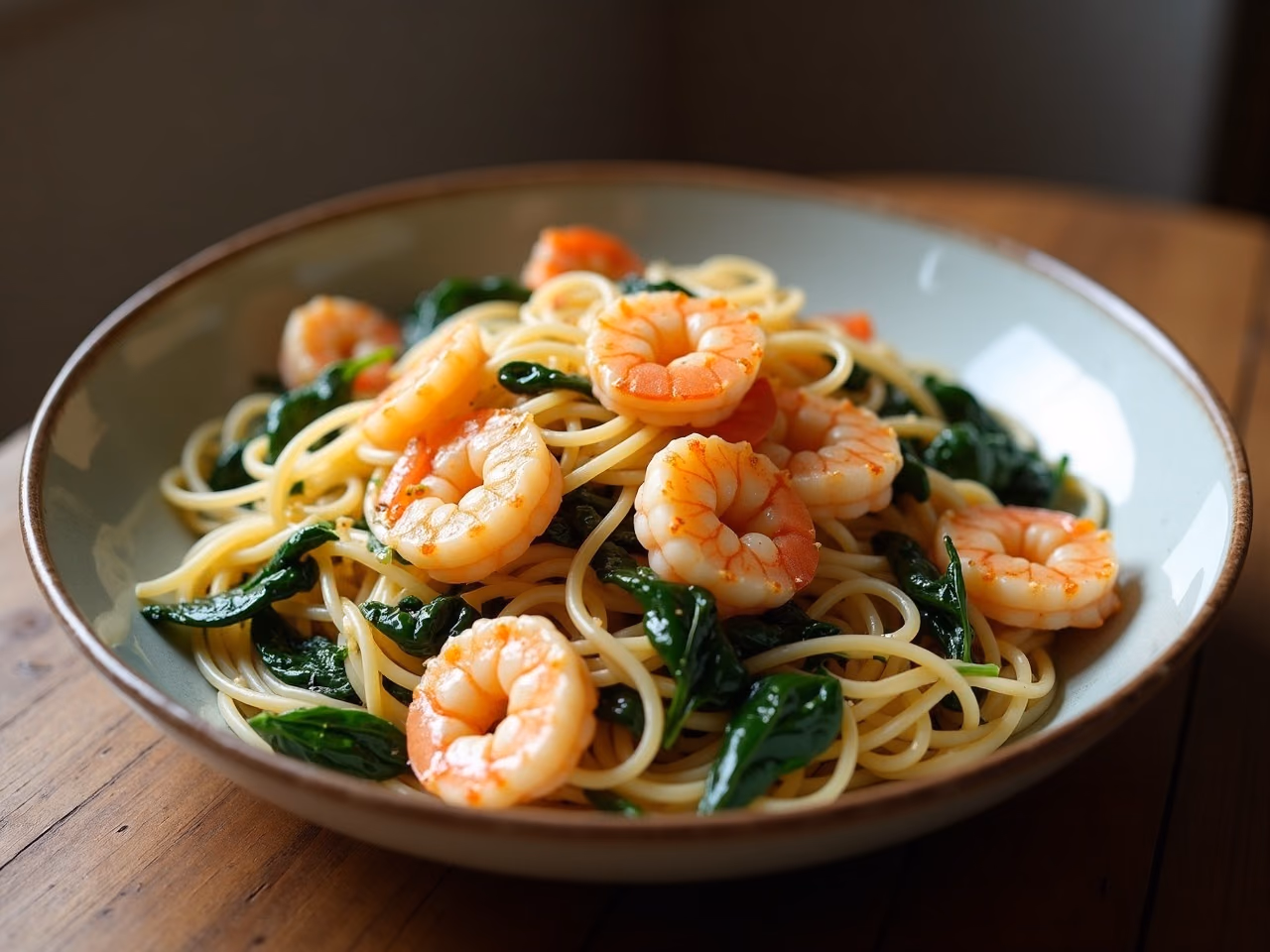 Linguine with seared pink shrimp and wilted spinach in a glossy garlic butter sauce with lemon