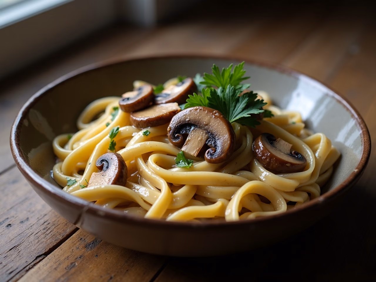 A bowl of tagliatelle coated in a glossy mushroom sauce with browned sliced mushrooms and parsley