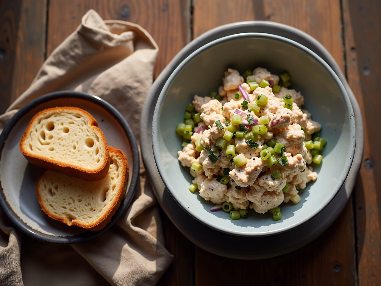 A bowl of tuna salad flecked with celery and red onion, next to toasted sourdough on a wooden table