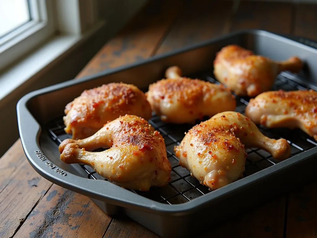 Seasoned raw chicken drumsticks arranged on a wire rack set inside a sheet pan